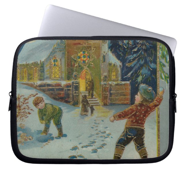 Happy Christmas - Vintage snowball fight postcard Laptop Sleeve (Front)
