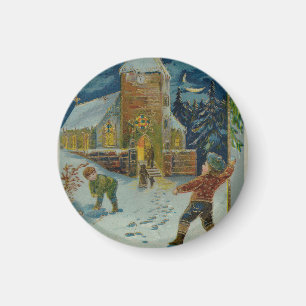 Happy Christmas - Vintage snowball fight postcard Magnet