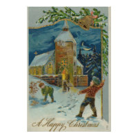 Happy Christmas - Vintage snowball fight postcard