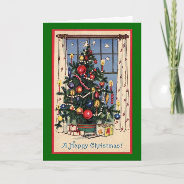 Happy Christmas Vintage Tree Home Scene Holiday Card (Front)