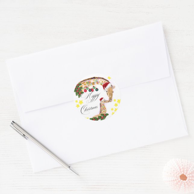 Happy Christmas With a loving family of Giraffes Classic Round Sticker (Envelope)