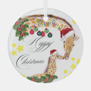 Happy Christmas With a loving family of Giraffes Glass Tree Decoration
