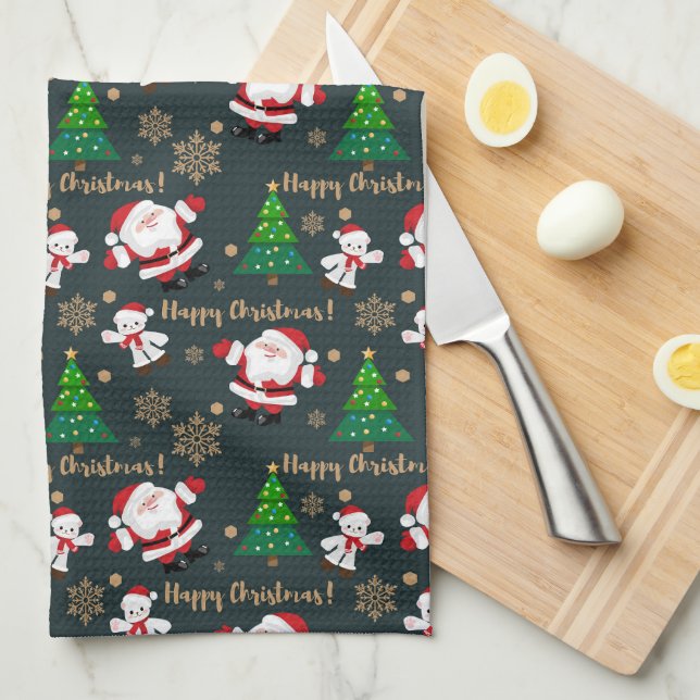 Happy Christmas with Santa Christmas Trees  Tea Towel (Quarter Fold)