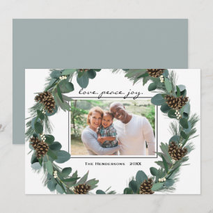Happy Christmas Wreath Love Peace Joy Family Photo Holiday Card
