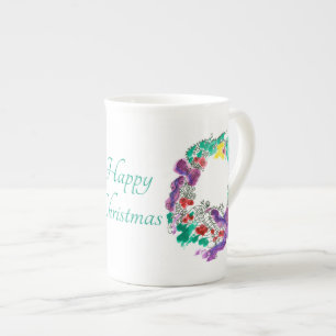 Happy Christmas Wreath with 2 Purple Bows Bone China Mug