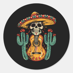Happy Cinco De Mayo Skeleton Skull Sombrero Guitar Classic Round Sticker