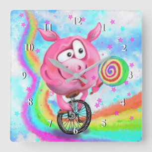 Happy Circus Acrobat Piggy Cyclist Licks Lollipop  Square Wall Clock