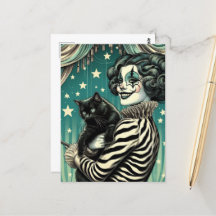 Happy Circus Clown Woman and a black cat