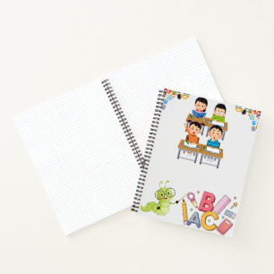 Happy Classroom Kids with Bookworm Teacher Notebook
