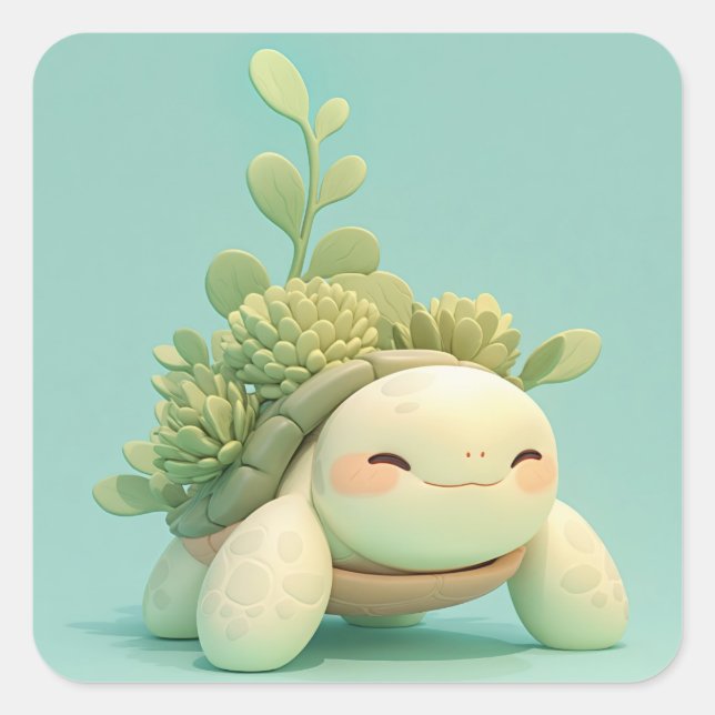 Happy Clay Sea Turtle with Succulent Square Sticker (Front)