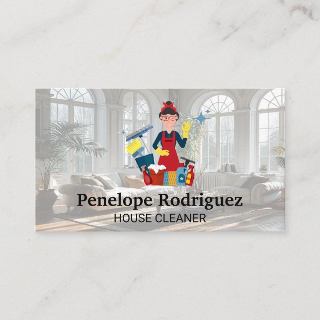 Happy Cleaning Lady with Her Equipment Business Card (Front)