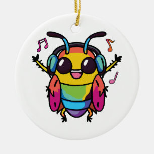 Happy cockroach with headphones listening to music ceramic tree decoration