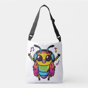 Happy cockroach with headphones listening to music crossbody bag
