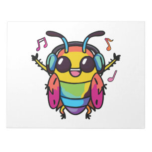 Happy cockroach with headphones listening to music notepad