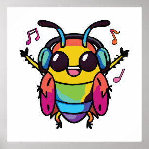 Happy cockroach with headphones listening to music poster
