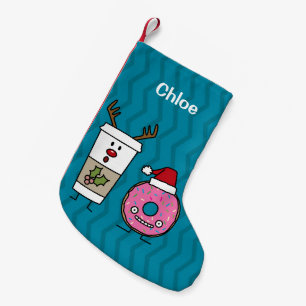 Happy Coffee Reindeer and Doughnut Santa Hat Small Christmas Stocking