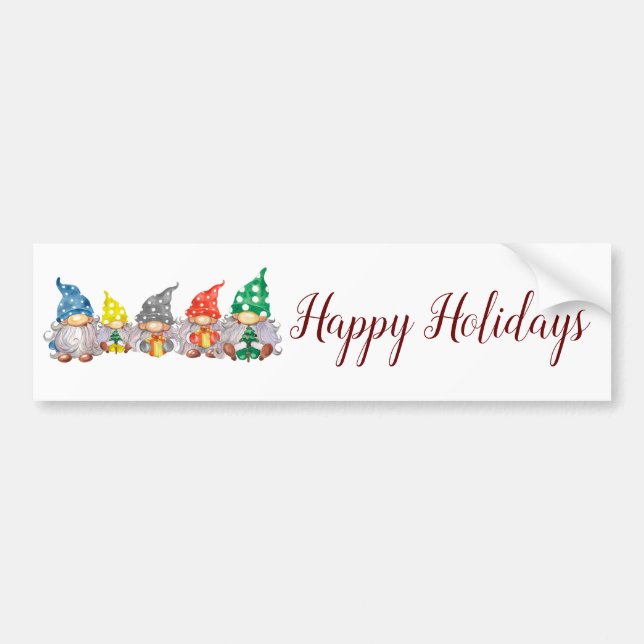 Happy colorful gnomes elegant script holiday bumper sticker (Front)