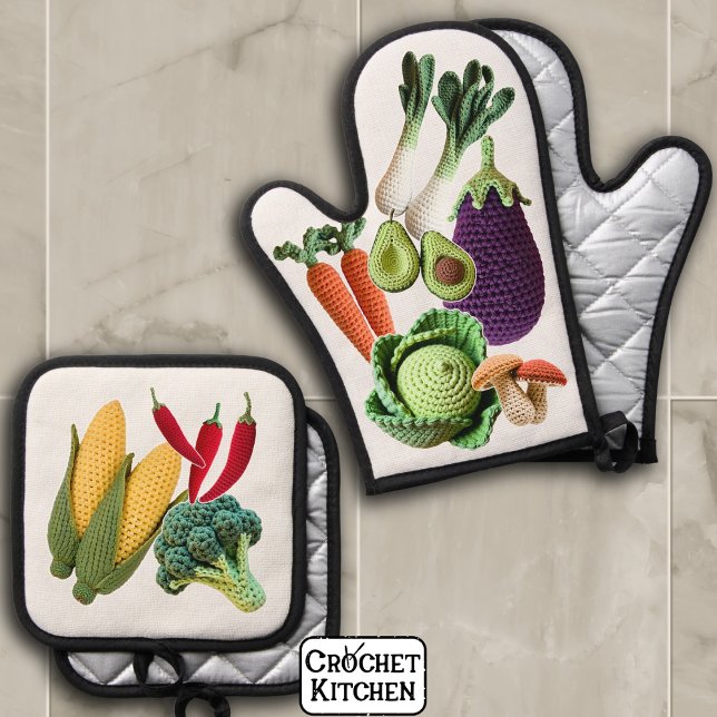 Happy Colourful Crochet Vegetable Mushroom Collage Oven Mitt & Pot Holder Set (Creator Uploaded)