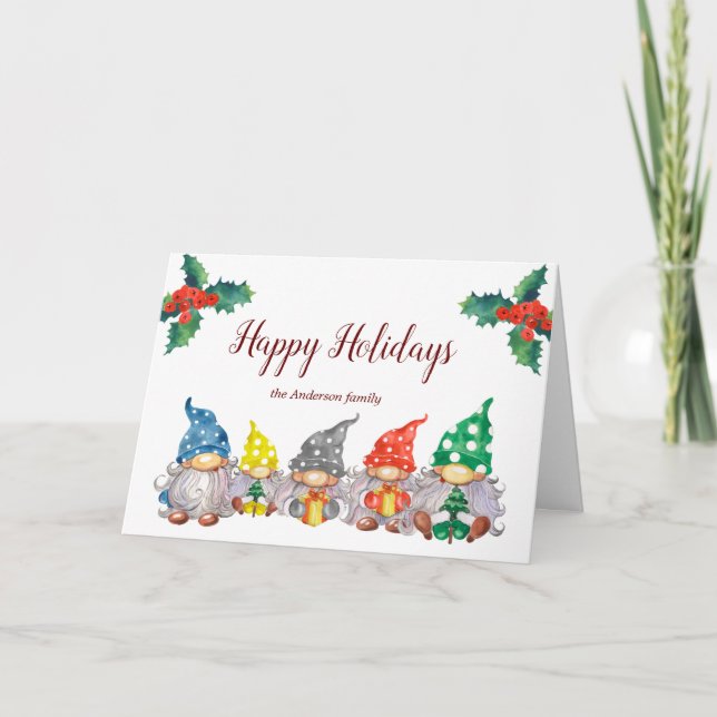 Happy colourful gnomes elegant script holiday card (Front)