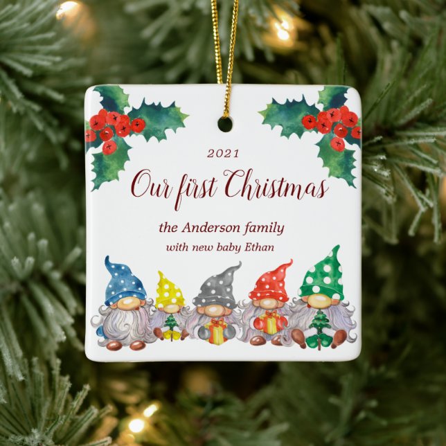 Happy colourful gnomes first Christmas photo Ceramic Ornament (Tree)