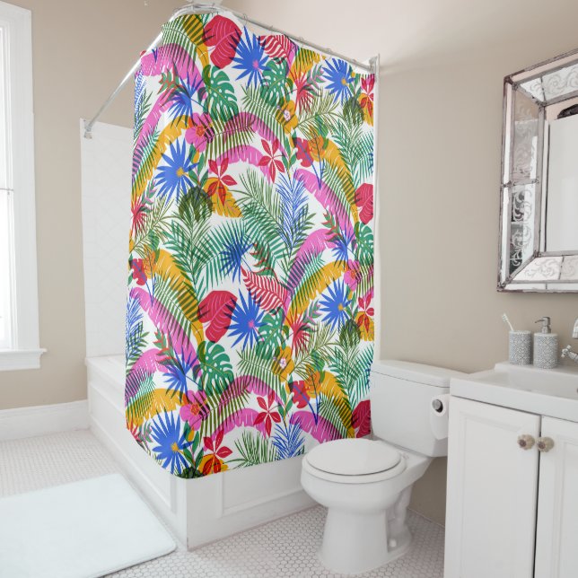 Happy colourful jungle shower curtain (In Situ)