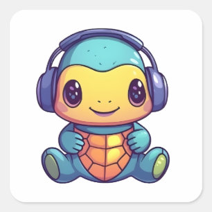 Happy Colourful Kawaii Turtle Wearing Headphones Square Sticker