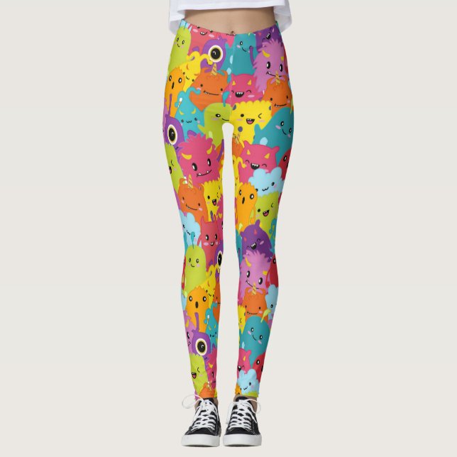 Happy Colourful Monsters Pattern Leggings (Front)