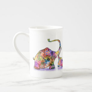 Happy Colourful Mother and Baby Elephant - Drawing Bone China Mug
