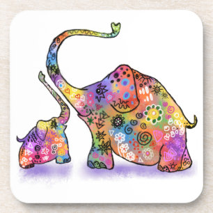 Happy Colourful Mother and Baby Elephant - Drawing Coaster