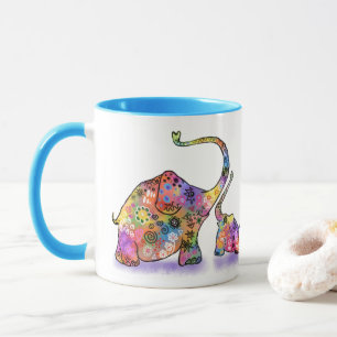Happy Colourful Mother and Baby Elephant - Drawing Mug