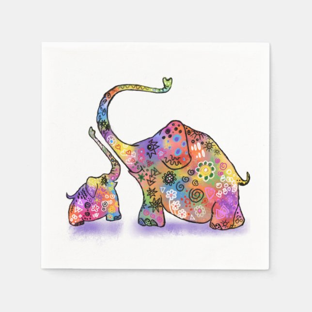 Happy Colourful Mother and Baby Elephant - Drawing Napkin (Front)