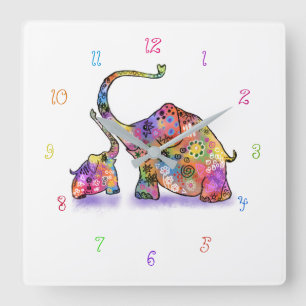 Happy Colourful Mother and Baby Elephant - Drawing Square Wall Clock