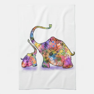 Happy Colourful Mother and Baby Elephant - Drawing Tea Towel