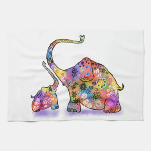 Happy Colourful Mother and Baby Elephant - Drawing Tea Towel
