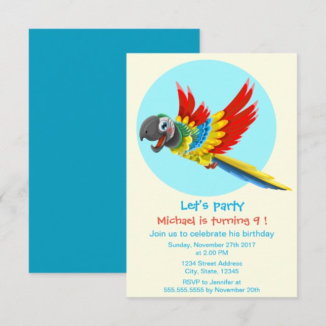 Happy colourful parrot cartoon kids birthday party invitation (Front/Back)