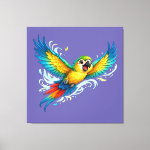 Happy Colourful Parrot in Flight Kawaii Bird Desig Canvas Print