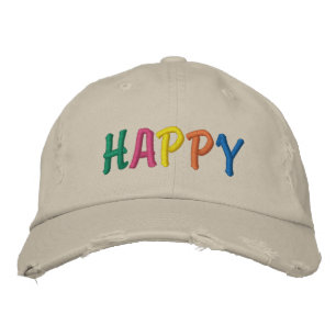 HAPPY Colourful Print Embroidered Hat
