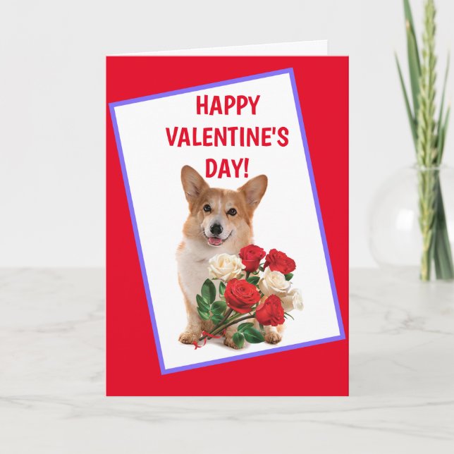 Happy Corgi And Roses Valentine Holiday Card (Front)
