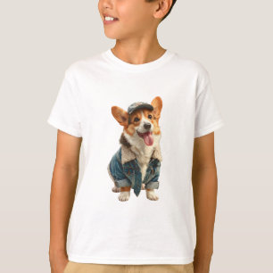 Happy Corgi in Denim Jacket Kids T-Shirt