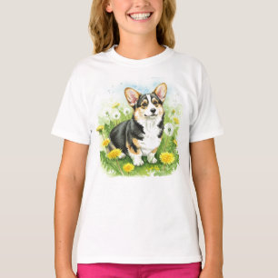 Happy Corgi Puppy Pet Flowers T-Shirt