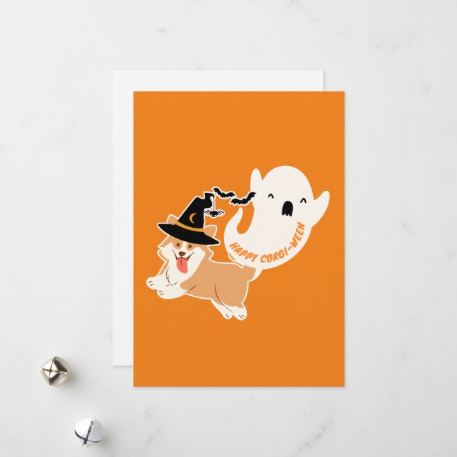 Happy Corgi-Ween | Cute Corgi Flat Holiday Card (Front/Back In Situ)