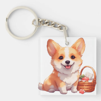 Happy corgi with a picnic basket key ring