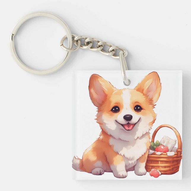 Happy corgi with a picnic basket key ring (Front)