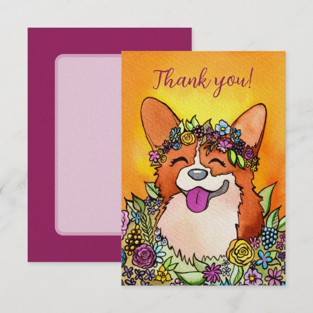 Happy Corgi With Flowers Thank You Card (Front/Back)