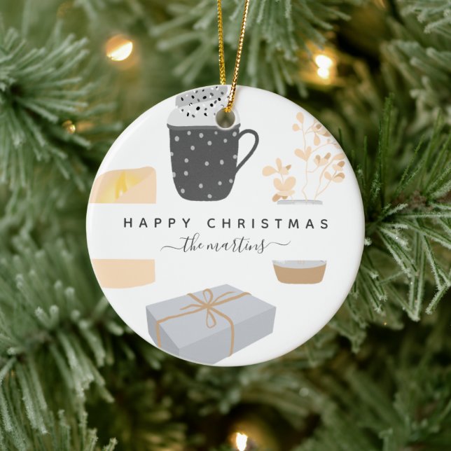 Happy Cosy Christmas Illustrated with Name Ceramic Tree Decoration (Tree)