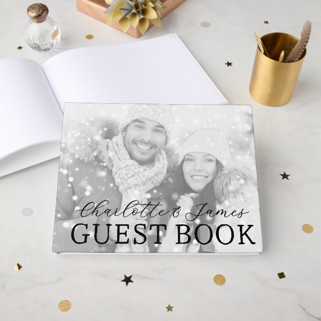 Happy Couple Black And White Photo Wedding Guest Book (Front Open)