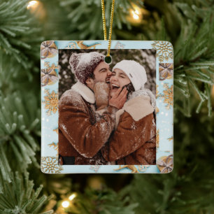 Happy Couple CUSTOM Baby Blue Gold Christmas Ceramic Ornament