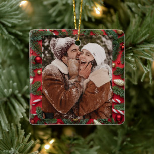 Happy Couple CUSTOM Red Green Christmas Candies Ceramic Ornament