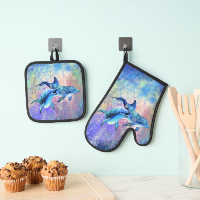 Happy Couple Dolphin Oven Mitt & Pot Holder Set (Insitu(Hanging))