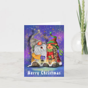 Happy Couple Gnomes Singing Christmas Card